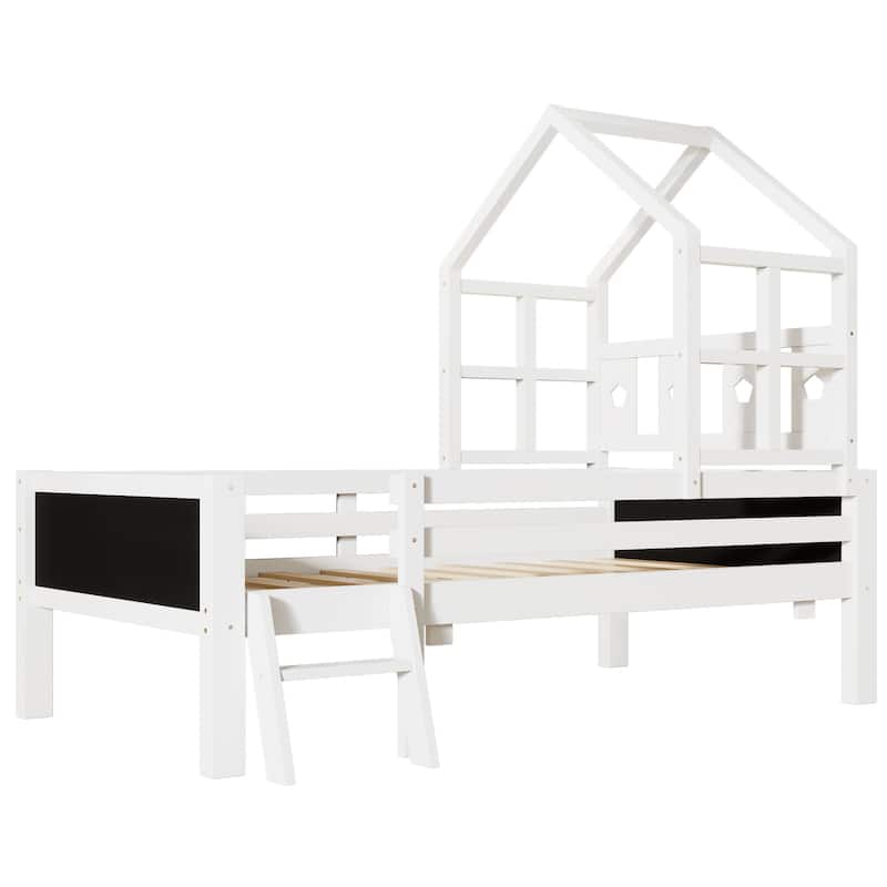 Low Loft Bed Twin Size House Bed Solid Wood Platfrom Bedframe with 2 Double-sided Blackboard, Ladder and Storage Drawers