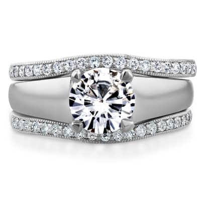 Kobelli 1.30 Carats Moissanite & Natural Diamond Solid 14k Gold Wide Band Round Solitaire & Half Eternities Alex 3pc Bridal Set