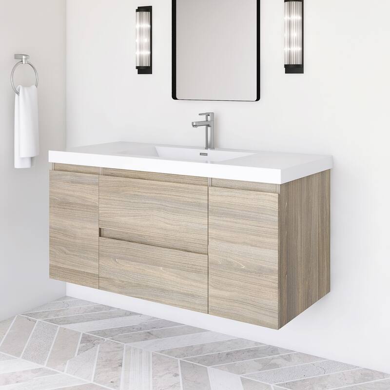 Modern Wall-Mounted Bathroom Vanity with White Solid Surface Top