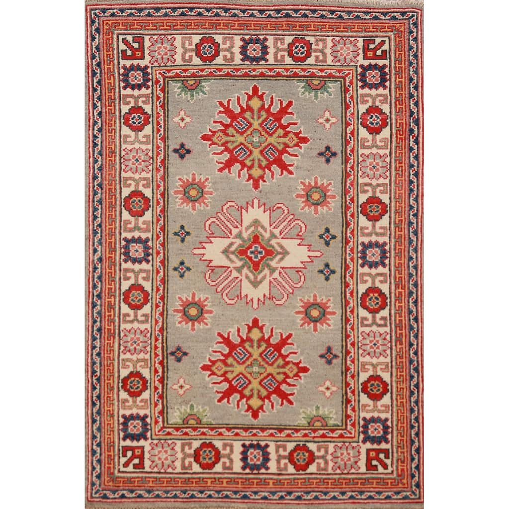Geometric Kazak Foyer Rug Hand-Knotted Accent Wool Carpet - 2'8"x 4'0"