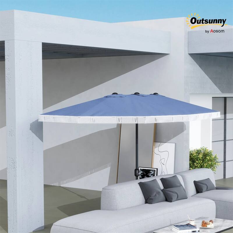 Large Double Rectangle Patio Umbrella with Crank Lift and UV Protection Steel Pole Fringe