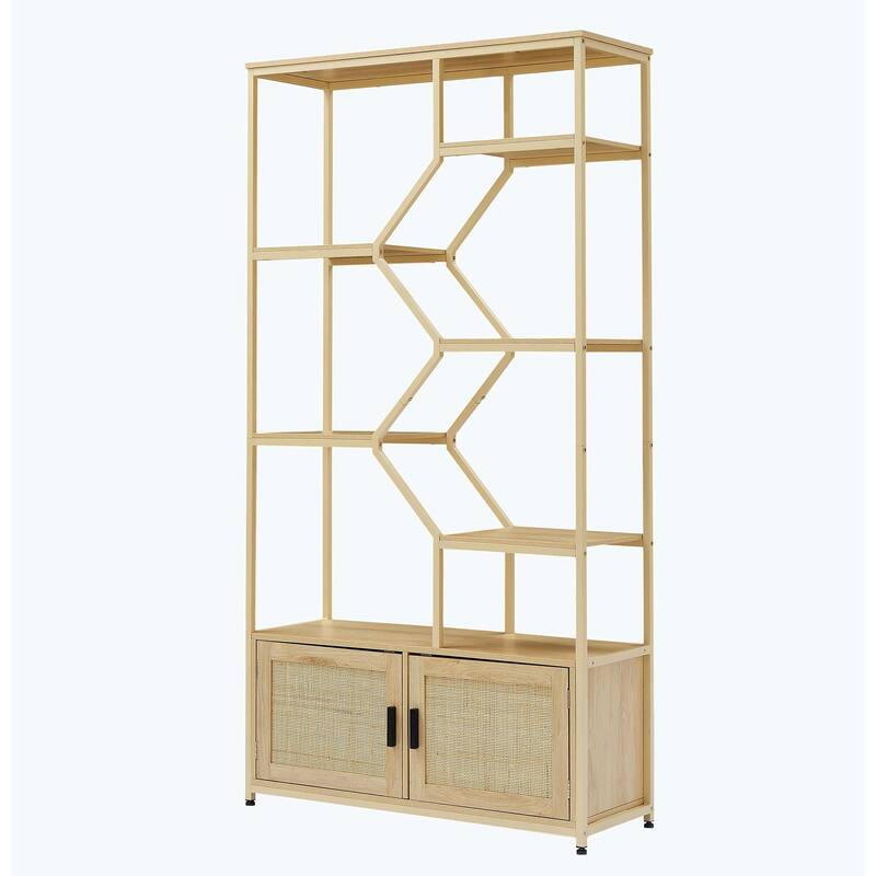 Rattan bookshelf 5 tiers Bookcases Storage Rack with cabinet for Living Room Home Office