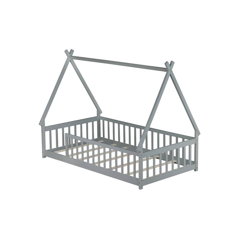 Twin Tent-shaped Floor Bed,Teepee Bed with Guardrails