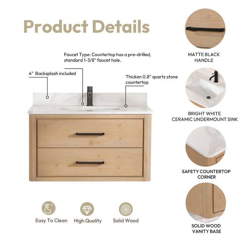 Cristo Floating Bath Vanity with White Quartz Stone Top without Mirror