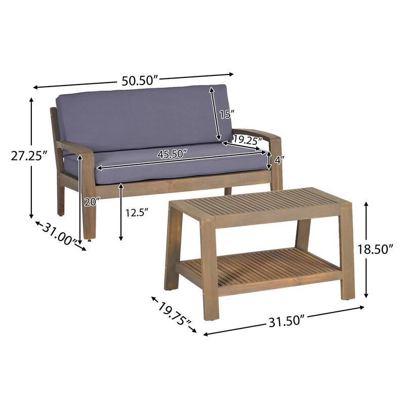 Roomfitters Outdoor Loveseat and Coffee Table Set, Acacia Wood Patio Furniture with Cushions
