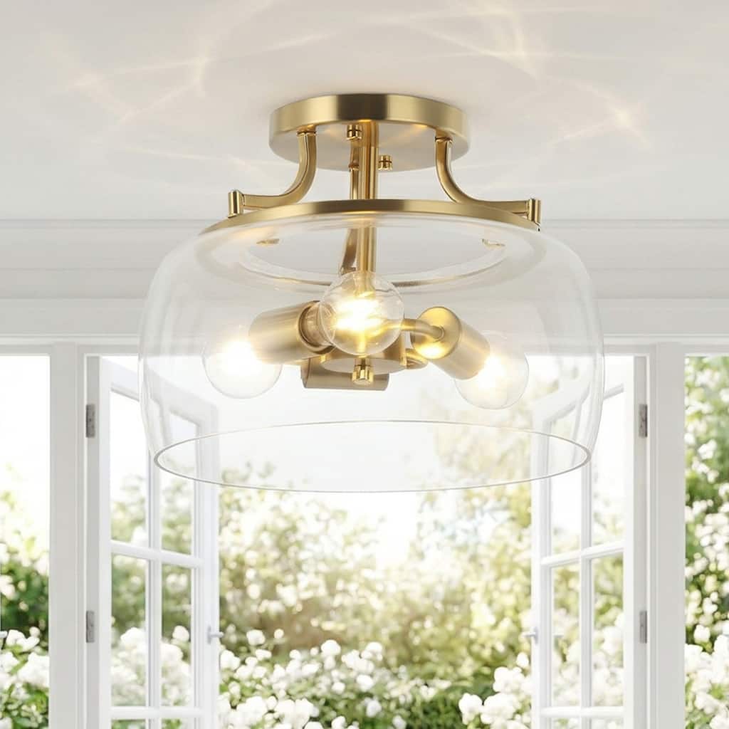 13.3" Gold 3-Light Modern Glass Semi Flush Mount Fixture Ceiling Light