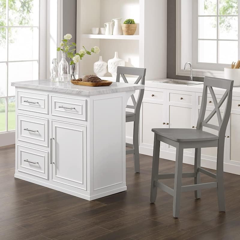 Kitchen Island with Storage & Marble Top - Rolling Cart for Dining & Prep