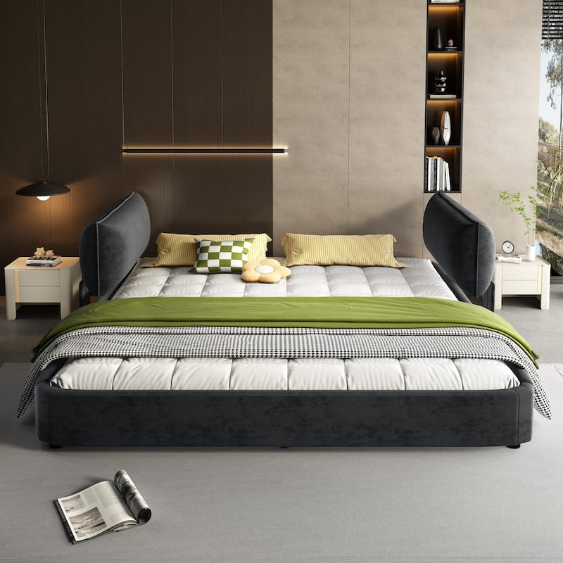 King Size Cloud Bed Frame with Oversized Padded Movable Headboard, Chenille Upholstered Bed with Round Corner