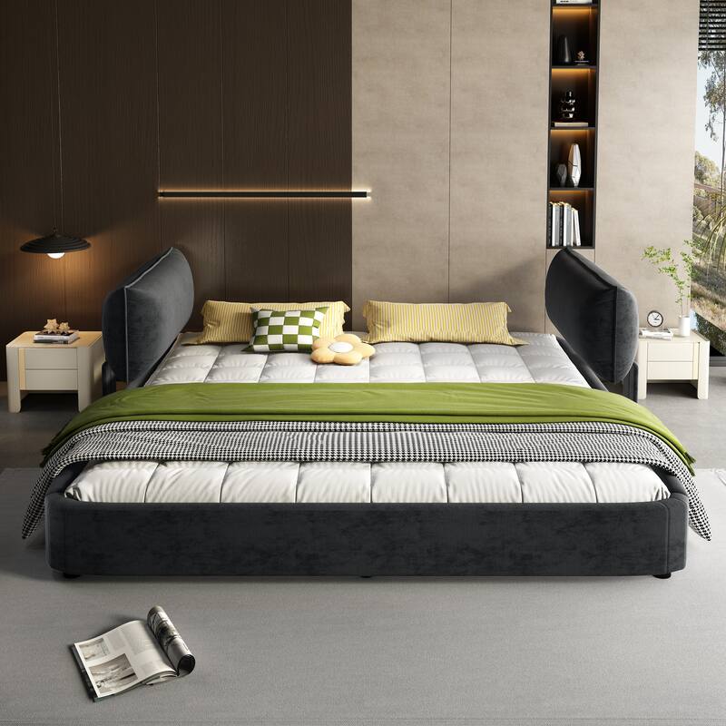 Low Profile King Size Cloud Bed Frame with Movable Headboard, Chenille Platform Bed with Metal/Solid Wood Slat Double Support