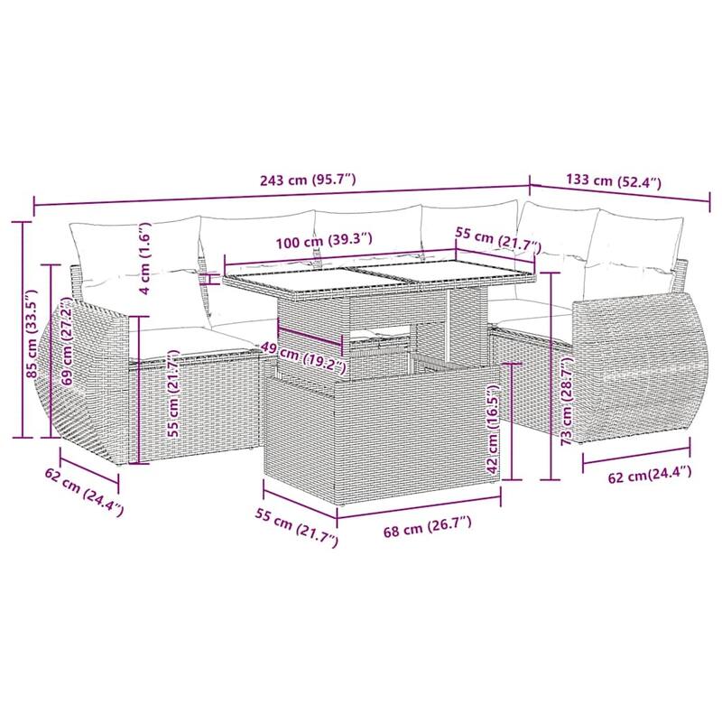vidaXL 6 Piece Patio Sofa Set with Cushions Black/Brown/Gray Poly Rattan