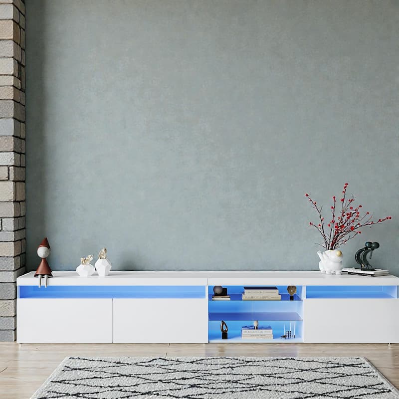 94.5" LED TV Stand with Glass Shelves, Modern Media Console for TVs up to 105" for Living Room, Storage Cabinets