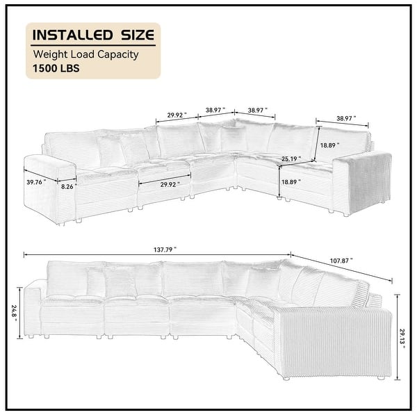 dimension image slide 2 of 3, Oversized Sectional Sofa L Shaped Corner Couch Corduroy Upholstery Convertible Sleeper Sofa Couch