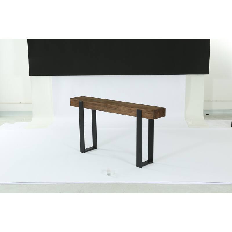 63-Inch Solid Wood Sofa Table Behind the Couch with Metal Support - Rustic Brown + Black