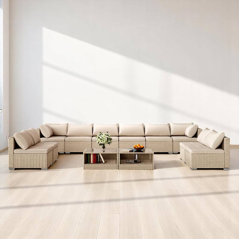 12-Piece Outdoor Patio Furniture Set,Wicker Sectional Sofa and Coffee Table,Rattan Conversation Set for Garden, Deck, Backyard - khaki