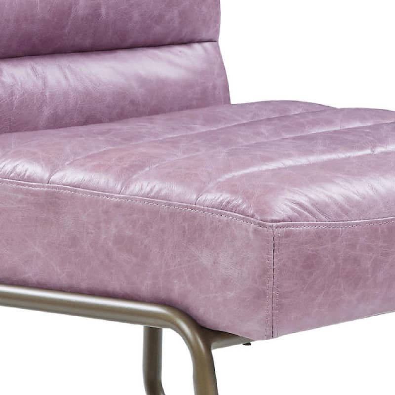 22 Inch Top Grain Leather Accent Chair, Metal Frame, Tufted Channel, Purple