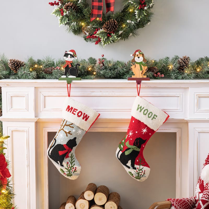 Glitzhome 7.75" H Christmas Wooden/Metal Animal Stocking Holder, Dog, Cat for Mantel Ornament - 7.50"h