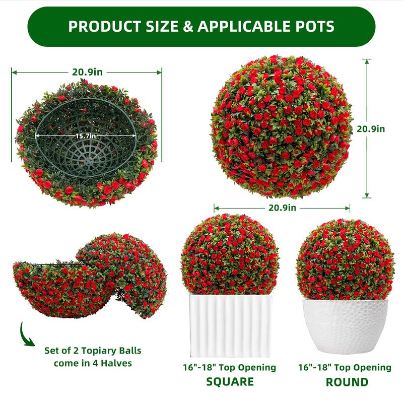 Topiary Flower Ball Decorative Balls 2PCS, Artificial Topiary Balls for Outdoor Patio Garden and Indoor, Wedding - 22in red
