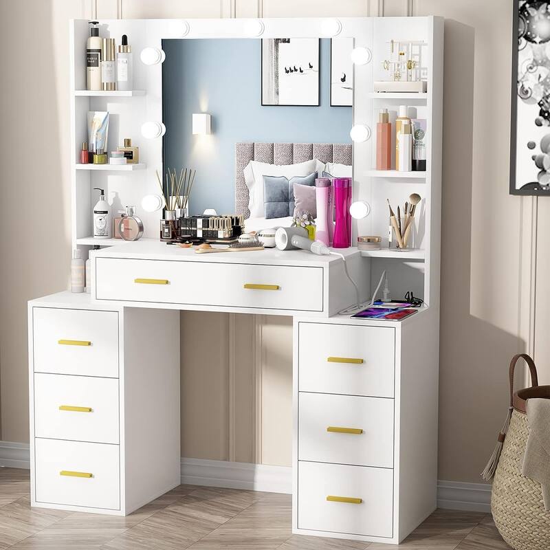 43'' Makeup Vanity with 3 Color Light, Charging Station, Storage Shelves, 7 Drawers