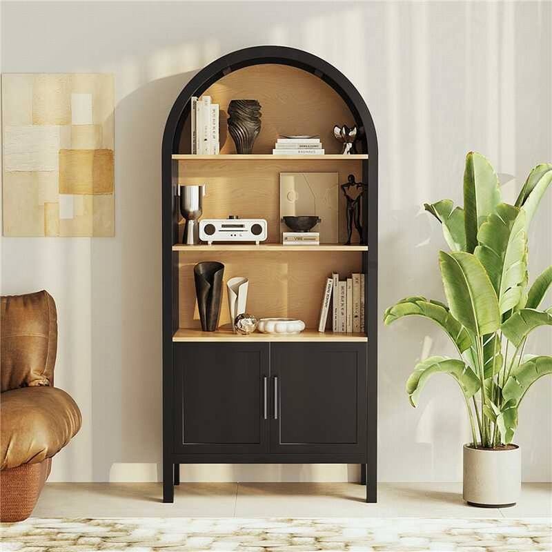 Mid-Century Modern 66.7" Arched Bookcase, 3-Tier Arched Bookshelf Cabinet