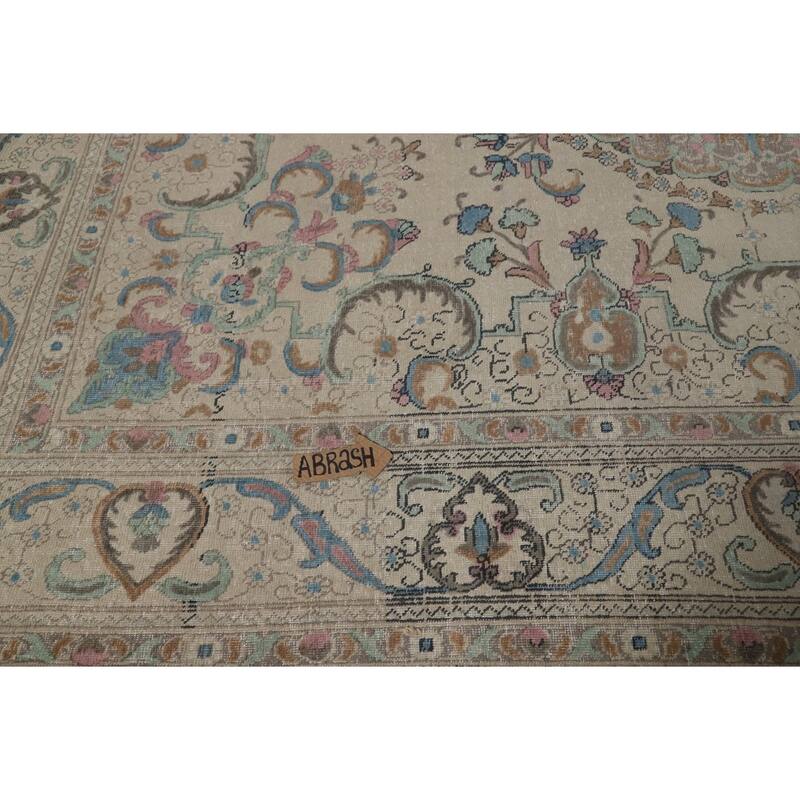 Floral Tabriz Persian Area Rug Oriental Hand-Knotted Beige Wool Carpet - 9'11"x 11'9"