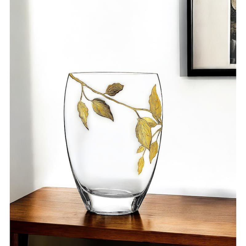 HomeRoots 12" Clear And Gold Leaves Oval Crystal Glass Table Vase - Gold