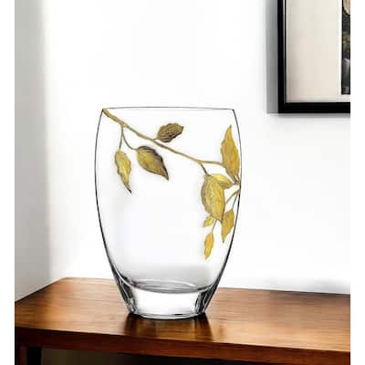 HomeRoots 12" Clear And Gold Leaves Oval Crystal Glass Table Vase