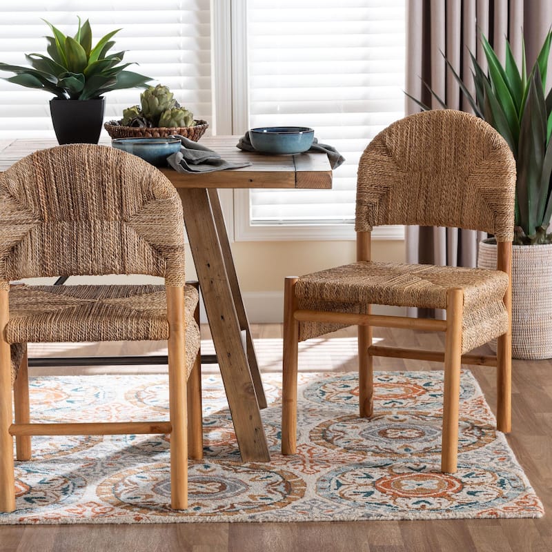 Cavo Handwoven Seagrass Dining Chair - Natural Fiber Wicker Side Chair with Mahogany Wood Frame, for Dining Room