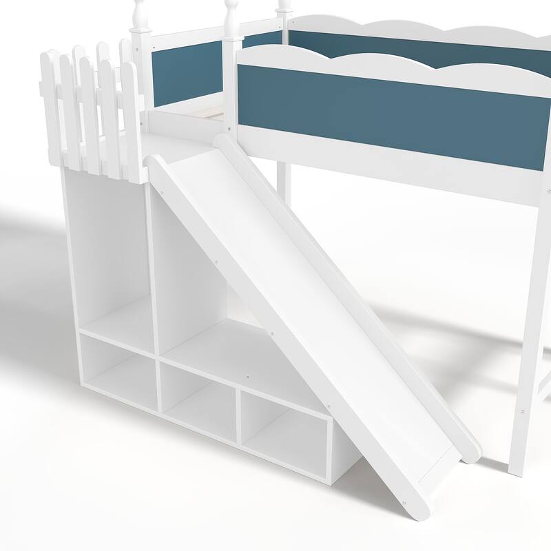 Twin Loft Bed with Storage Shelves and Wardrobe, Solid Wood Loft Beds with Detachable Slide and Ladders, No Spring Box Needed