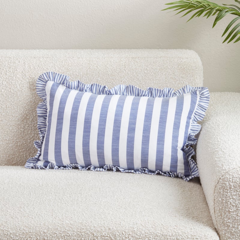 Striped Ruffle Edge Cotton-Blend Throw Pillow - Classic Cabana Stripe Design for Sofa, Bed & Accent Styling