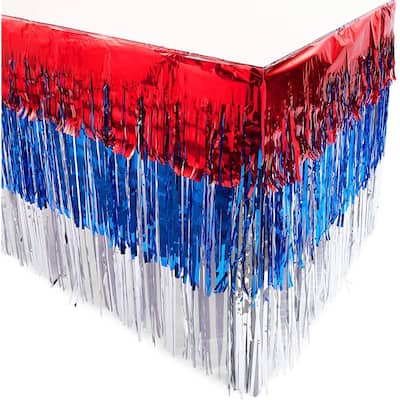 3x Patriotic Metallic Foil Fringe Tinsel Table Skirt 4th of July Party Decor 9ft