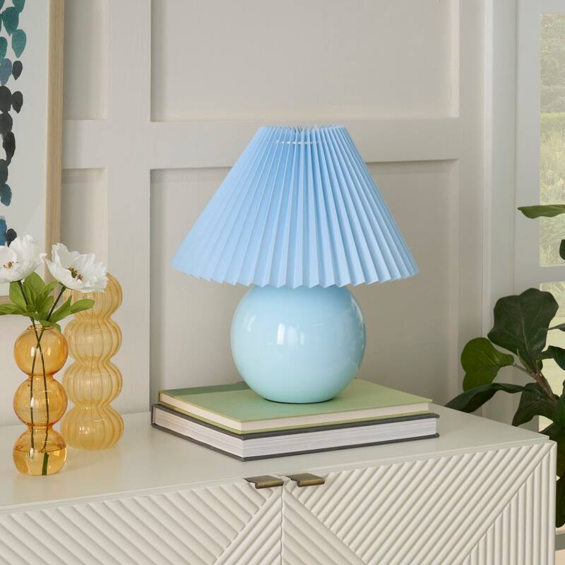 Nourison 13" Round Ceramic Table Lamp with Pleated Shade - Light Blue