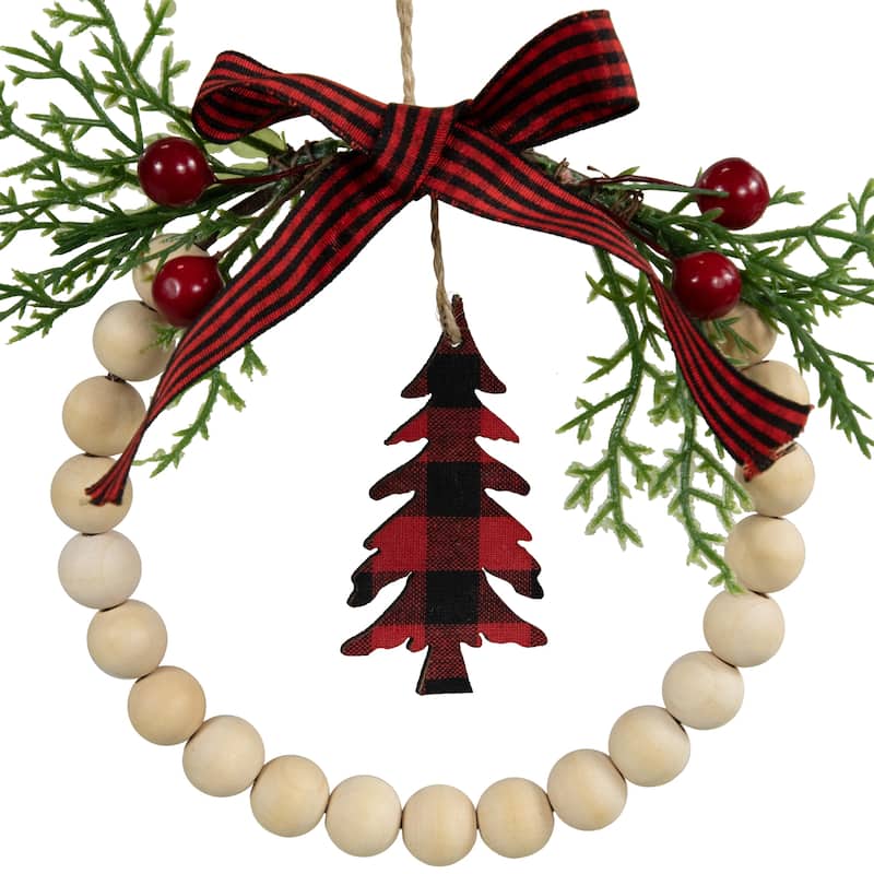 Buffalo Plaid Tree and Bow Wooden Beaded Christmas Wreath Ornament - 5.5"