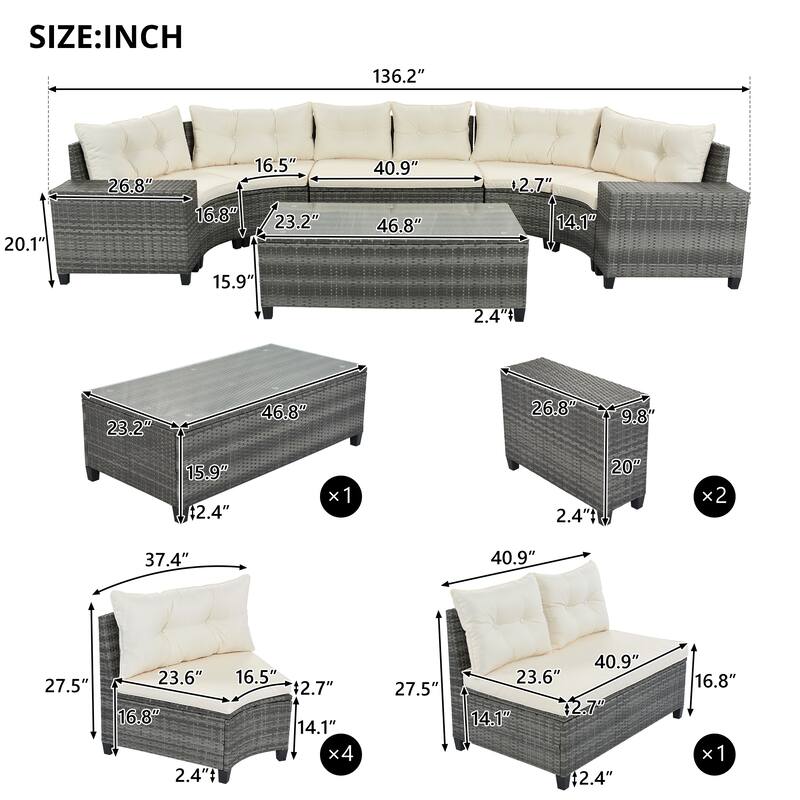 8-Piece Half-Moon Sectional Sofa Set with Rectangular Table