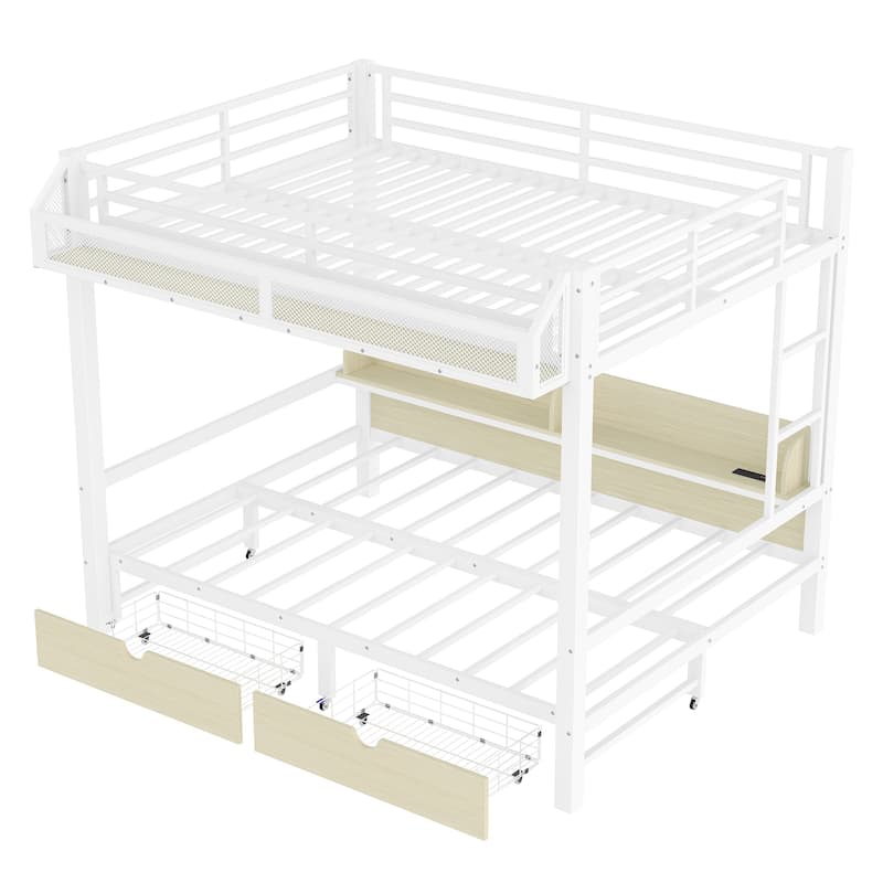 Queen over Queen Bunk Bed with Storage Shelves & Drawers, USB Ports & LED Lights, Convertible Sofa Lower Bed