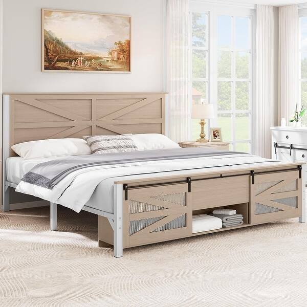 King Bed Frame with Storage Footboard and Sliding Barn Door Cabinets ...