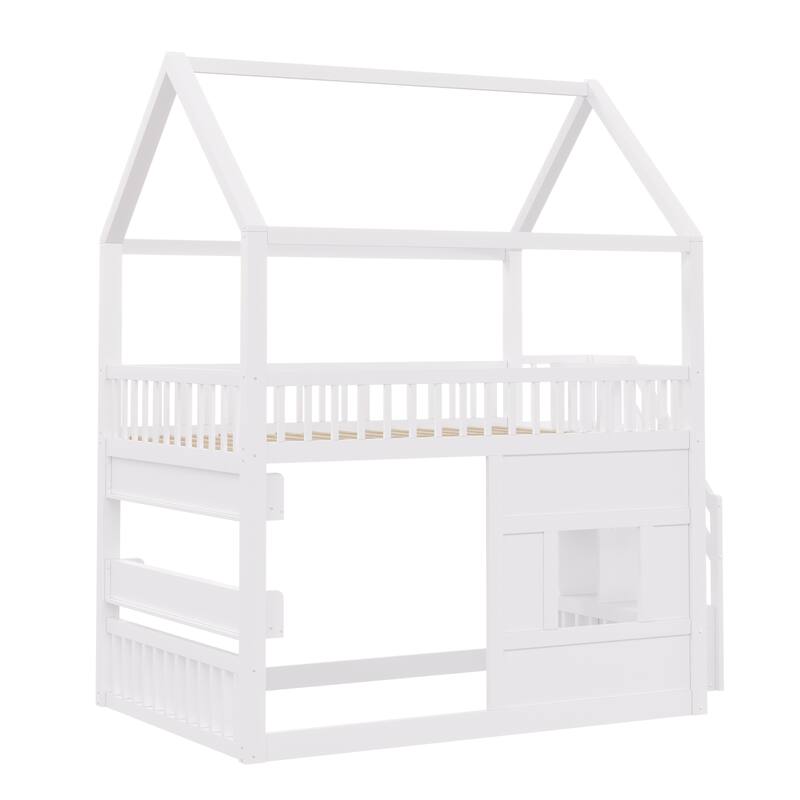Roomfitters Full Size Wood House Loft Bed with Storage Stairs and Built-in Shelving, Modern Space-Saving Sleep Space