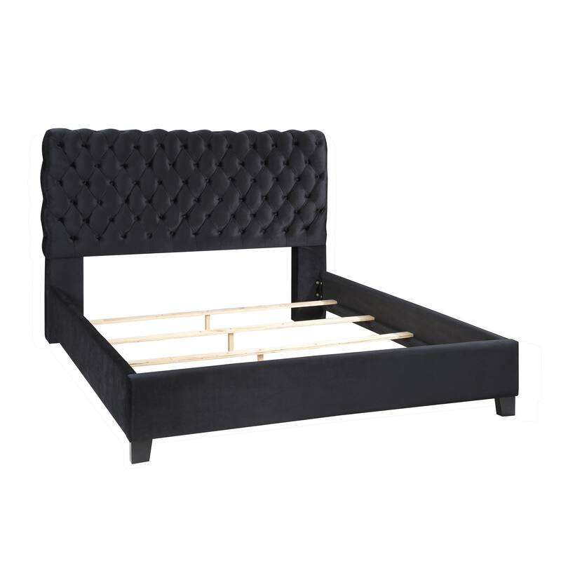 Roundhill Furniture Apoera Velvet Upholstered Button Tufted Bed, King, Black