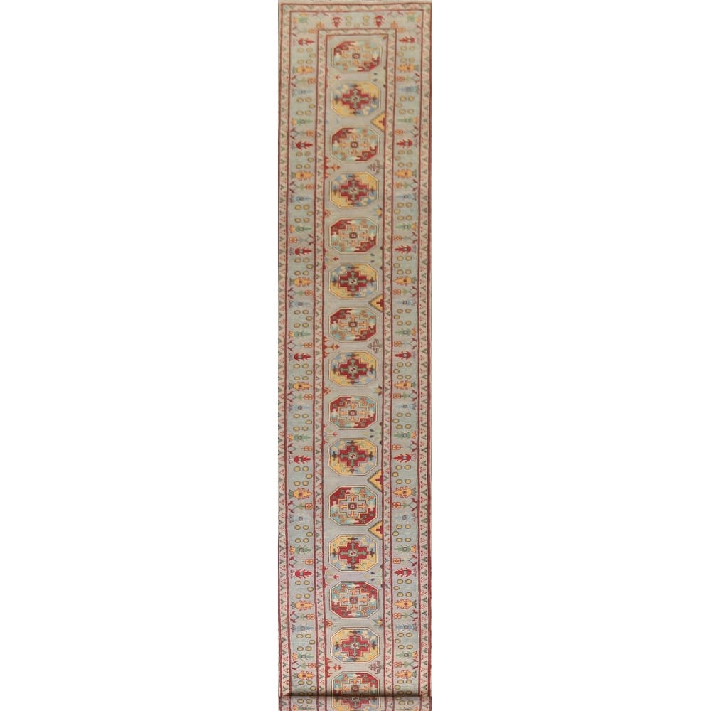 Hand Knotted Oriental 100% Wool Carpet Traditional Geometric Multi-Colored Kazak Runner Rug - 19' 10'' X 2' 6''