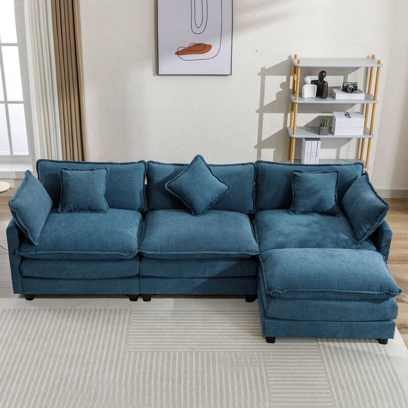 Blue 112.2" Modern L-Shaped 4-Seat Sectional Sofa with Removable Ottoman, 5 Plush Pillows, and Sturdy Frame