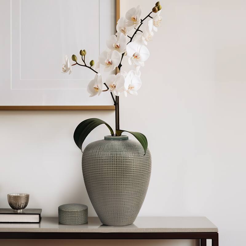 Sagebrook Home Dempsey Green Lidded Jar - Stoneware, Green, Checkered, Bud, Elegant Color, Perfect Accent Piece - 14" x 14" x 21"