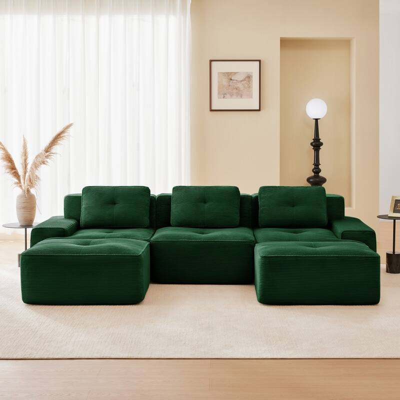 117.3" Minimalist Corduroy Modular Sectional Sofa with Ottomans for Living Room - Green
