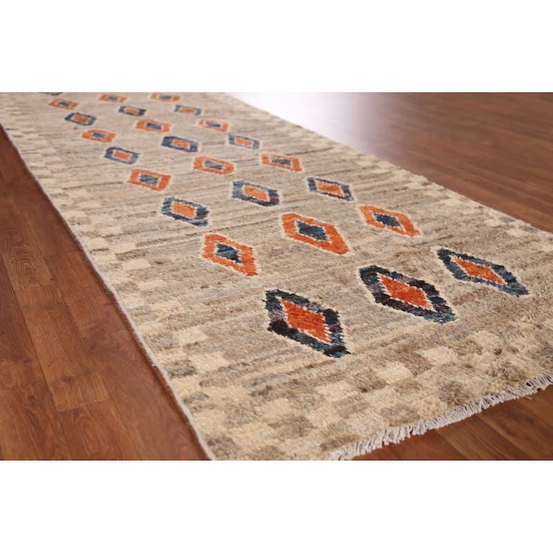 Geometric / Tribal Moroccan Oriental Runner Rug Handmade Wool Carpet - 3'8" x 15'4"