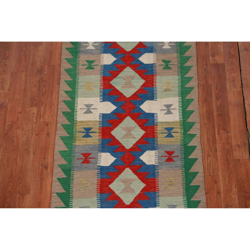 Hand Woven Oriental 100% Wool Carpet Southwestern Geometric Multi-Colored Kilim Runner Rug - 12' 9'' X 2' 7''