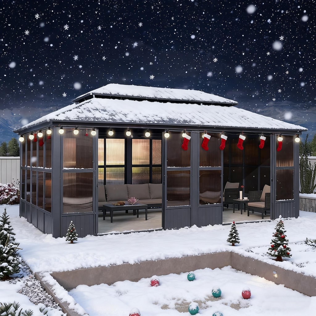 PURPLE LEAF Double Top Outdoor Sunroom Screen House Patio Hardtop Gazebo