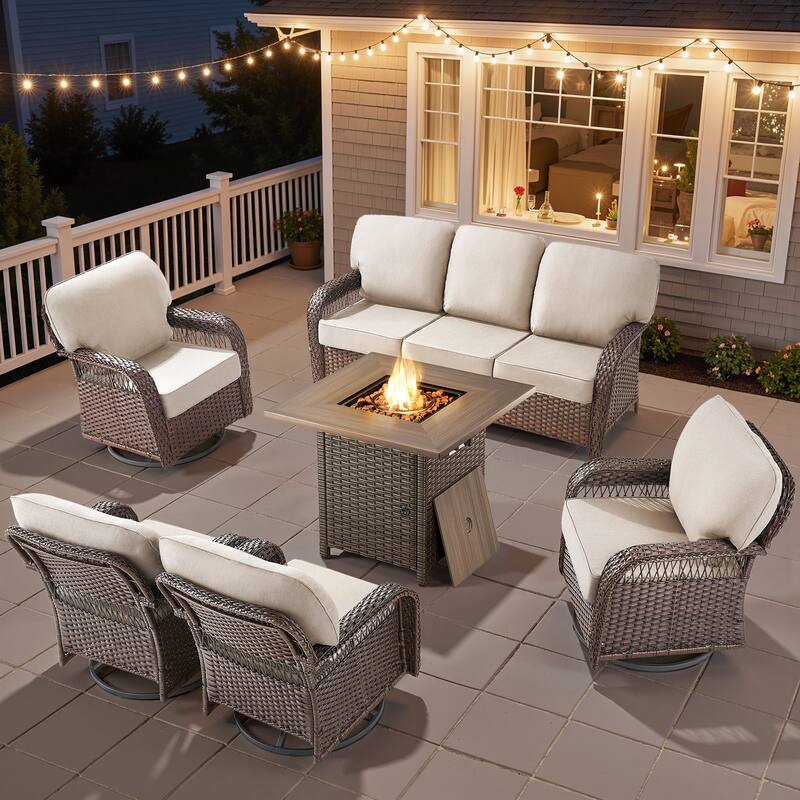 Pocassy Outdoor Sofa Ottoman Swivel Chair Table with Fire Table Funiture Set. - Brown Wicker Beige Cushion - 6-Piece Sofa Swivel Chair w/ Fie Pit Table
