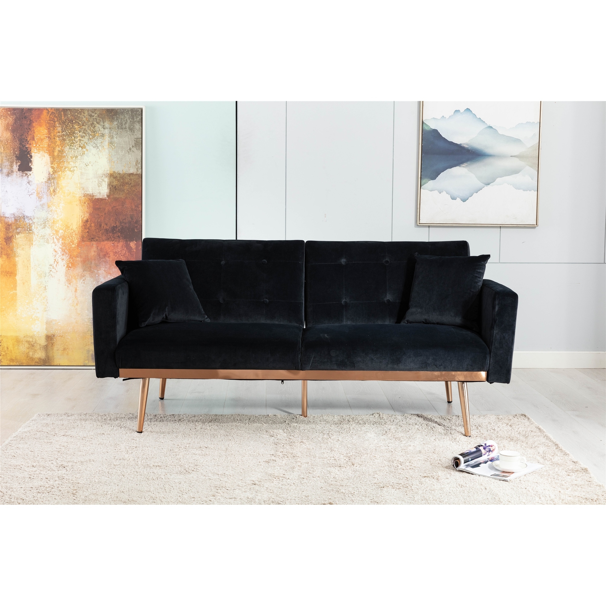 Velvet Upholstered Tufted Loveseats Sleeper sofa with Golden Legs