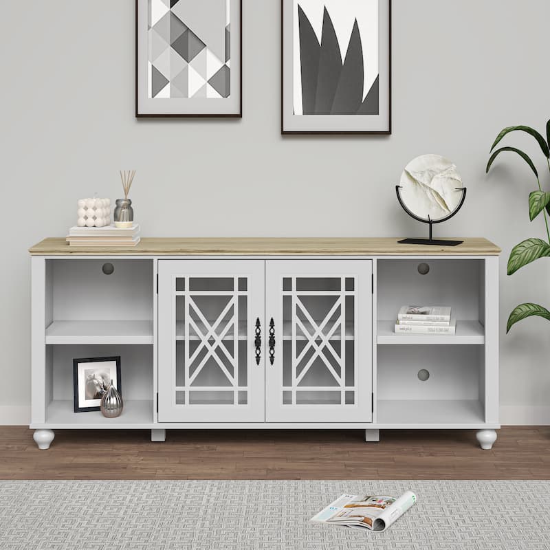 Vintage TV Stand with Carved Doors for Large Size TV - 70"W x 30"H x 15.5"D - Grayish-white