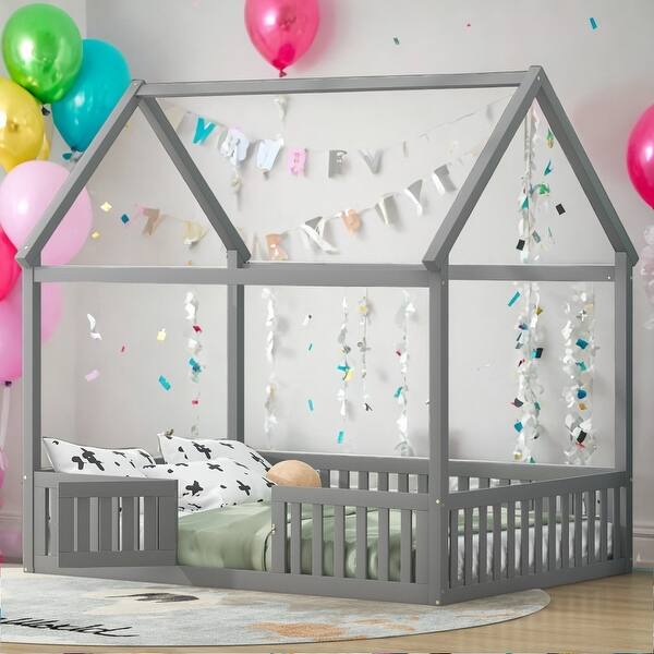 slide 2 of 9, Kids and Baby Full Size Wood House Bed with Fence and Door,Solid Construction For Home Grey