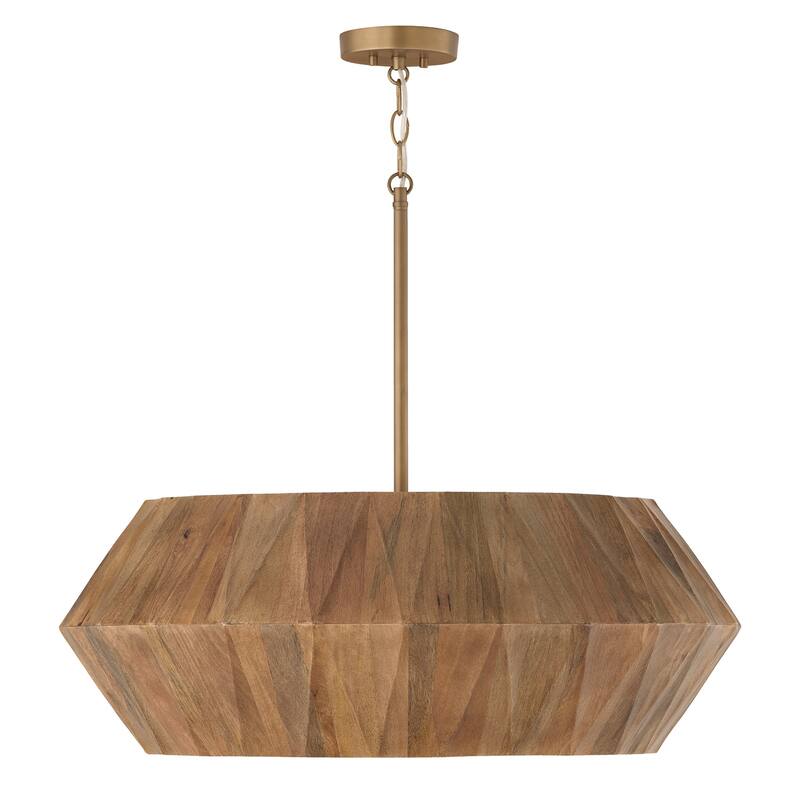 29" W x 11" H 6-Light Pendant in Hand-distressed Patinaed Brass and Handcrafted Mango Wood - 29"W x 11"H - 29"W x 11"H - Light Wood and Patinaed Brass