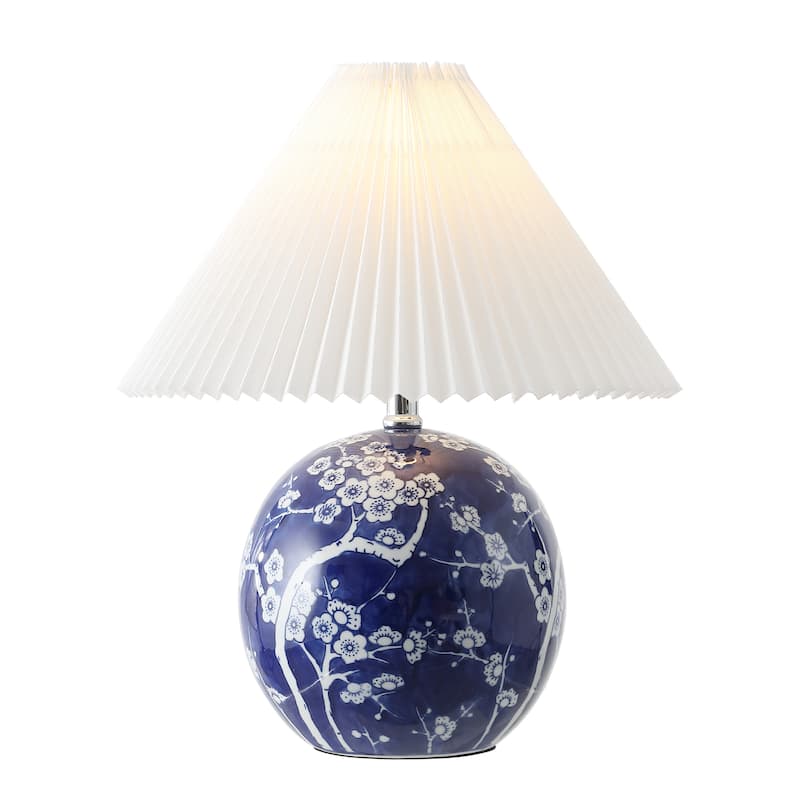 Alessio 19.5" Cottage Classic Chinoiserie Ceramic Orb LED Table Lamp with Pleated Shade, by JONATHAN Y - Navy/White